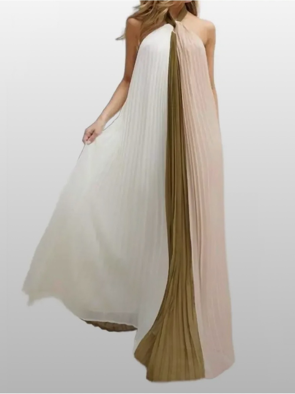 Tri-Panel Pleated Halter Maxi Dress in Cream, Blush & Olive